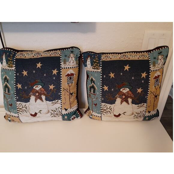 Christmas Tapestry Fabric Snowman Cardinal Winter Decorative PIllows Lot of 2 - Picture 1 of 3